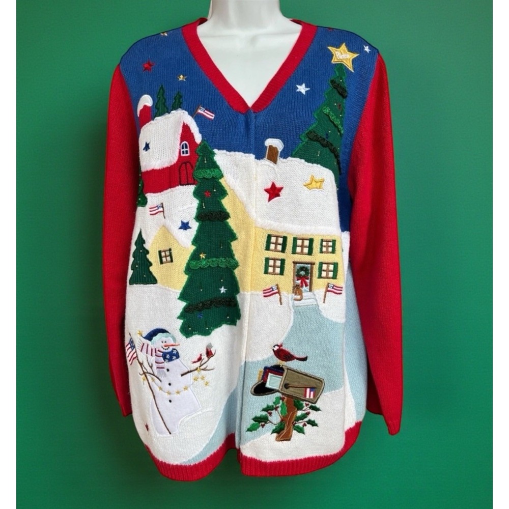 Quacker Factory VTG Patriotic Christmas Village M Cardigan Embroidered Applique